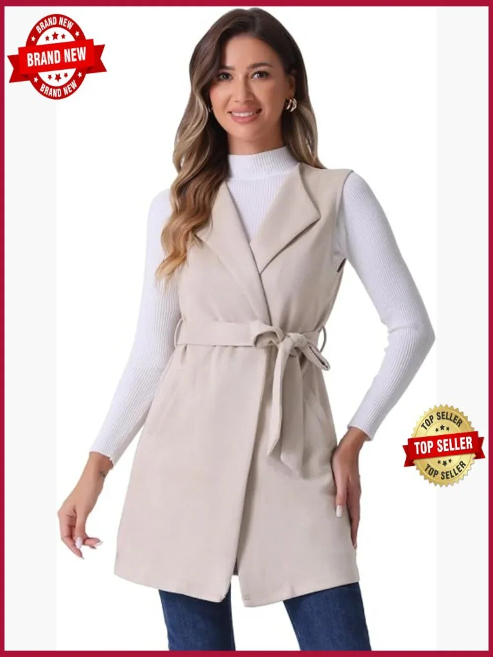 Long Sleeveless Faux Suede Vest Cardigan Open Front Belted Jacket